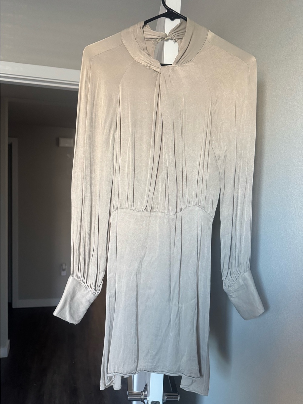Zara Cream Long-Sleeve Tie-Neck Dress